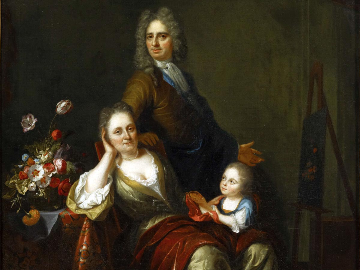 Juriaen Pool (1666–1745) und Rachel Ruysch (1664–1750), 
Selbstporträt von Juriaen Pool II mit seiner Frau Rachel Ruysch und dem gemeinsamen Sohn Joan Willem Pool, vor 1716